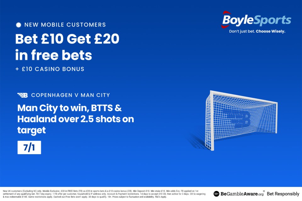 FC Copenhagen vs Man City: Get £20 in free bets and £10 casino bonus with BoyleSports, plus 7/1 Erling Haaland boost