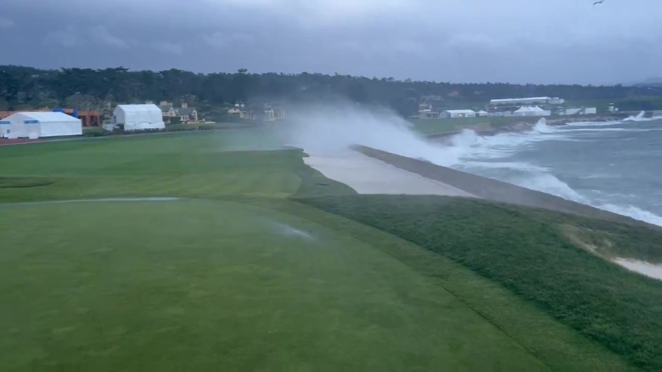 Incredible video shows giant waves flooding golf course at Pebble Beach as final round of Pro-Am is POSTPONED