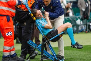 LaLiga official left covered in blood and carried off on stretcher after being hit by a CAMERA