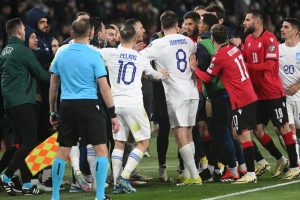 Euro 2024 play-off clash descends into chaos as huge brawl breaks out with manager and substitute shown red cards