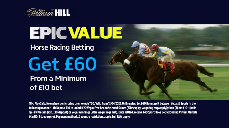 Get £60 in FREE BETS when you stake £10 on horse racing with William Hill