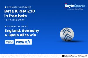 Tonight’s football: Get £20 in free bets and £10 casino bonus with BoyleSports, plus England-Germany-Spain price boost