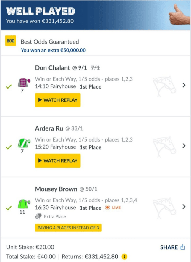 Punter can retire after winning one of the biggest bets ever from just £35 thanks to impossible Fairyhouse treble