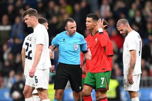 Cristiano Ronaldo throws tantrum and gestures to officials as he walks off after Portugal’s dismal 2-0 loss to Slovenia