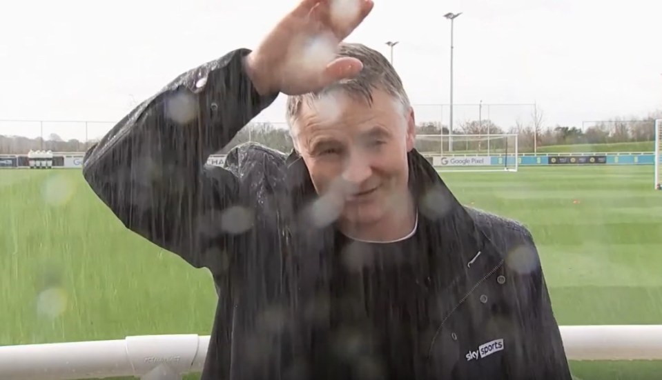 Hilarious moment Sky Sports reporter Rob Dorsett drenched live on TV by sprinklers at England training ground