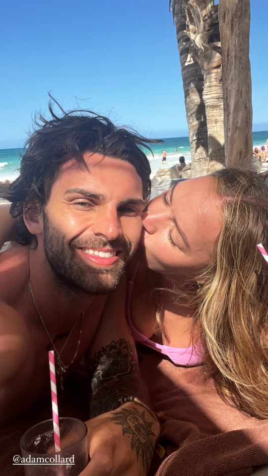 Loved-up Laura Woods kisses boyfriend Adam Collard while lying in bikini on beach in Mexico