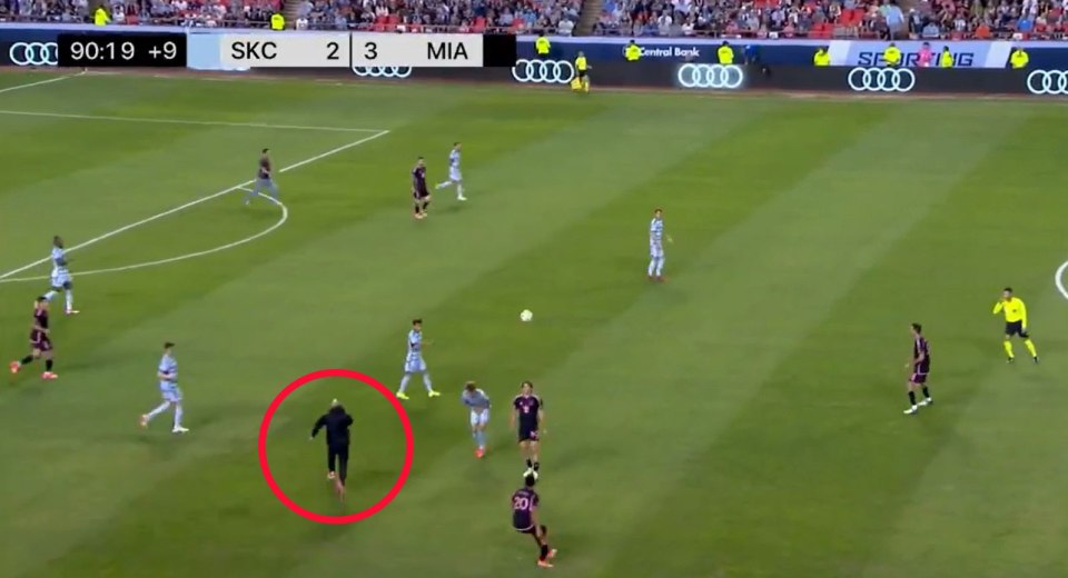 Shock moment Lionel Messi’s bodyguard charges ‘faster than Mbappe’ on to pitch in the middle of Inter Miami clash