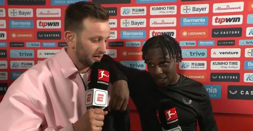 ‘I’ve come to hide’ says Bayer Leverkusen star as he gatecrashes live TV interview with ‘handsome’ reporter