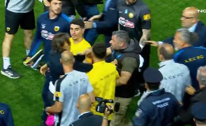 European clash descends into chaos with police forced to intervene in huge brawl and manager facing hefty ban