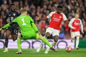 Watch as raging Bukayo Saka is pushed away from referee after Arsenal are denied last-minute penalty against Bayern