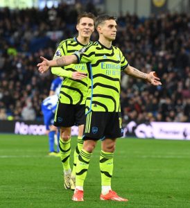 Arsenal fans love Leandro Trossard’s celebration as he silences Brighton fans after being booed on return to Amex