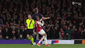 Arsenal fans rage as Harry Kane escapes red card after elbowing Gabriel in throat in Bayern Munich clash