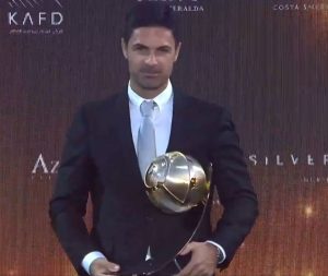 Mikel Arteta’s wife Lorena steals the show at Globe Soccer Awards as Arsenal boss wins ‘Best Premier League Coach’