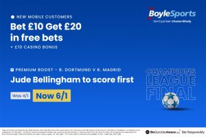 Dortmund vs Real Madrid: Get £20 in free bets and £10 casino bonus with BoyleSports, plus 6/1 Jude Bellingham offer