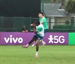 Watch moment Arsenal star Gabriel Martinelli is clattered by Brazil team-mate before he limps out of training