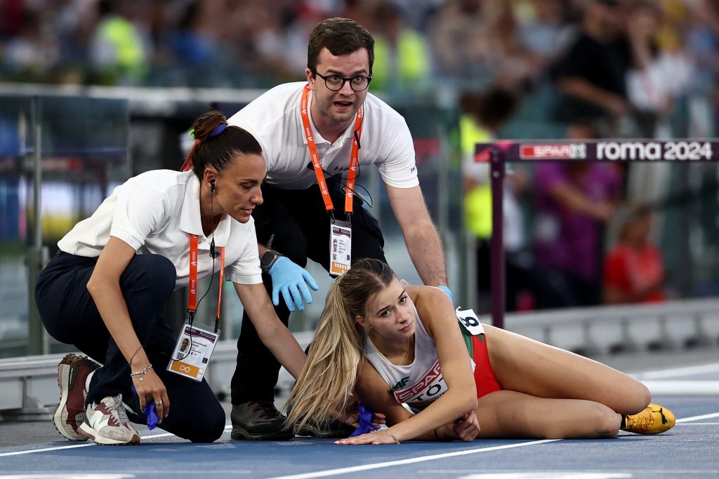 Horror moment athlete faceplants on track after crashing through two hurdles at European Championships