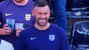 Eight-cap former England star, 41, spotted in crowd for England’s draw vs Denmark as fans say ‘what’s he smiling about?’