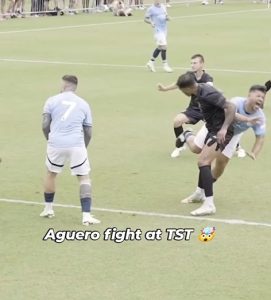 Man City legend Sergio Aguero SQUARES UP to opponent in legends game after horror tackle