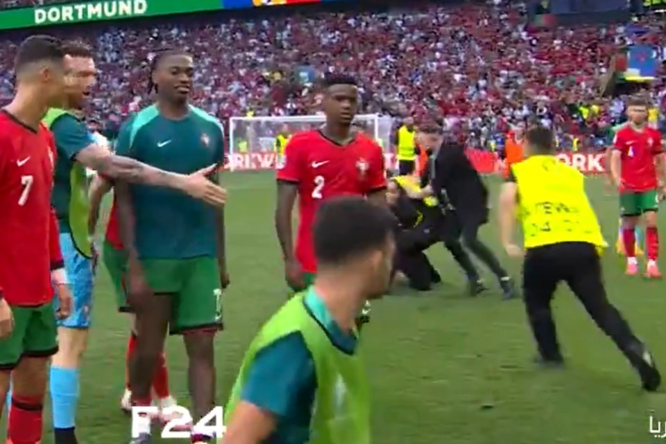 Portugal star Goncalo Ramos left limping after being slide tackled by panicking steward after chaotic Euro 2024 clash