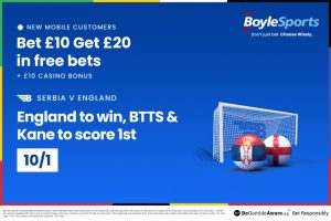 Serbia vs England: Get £20 in free bets and £10 casino bonus, plus Harry Kane price boost with BoyleSports