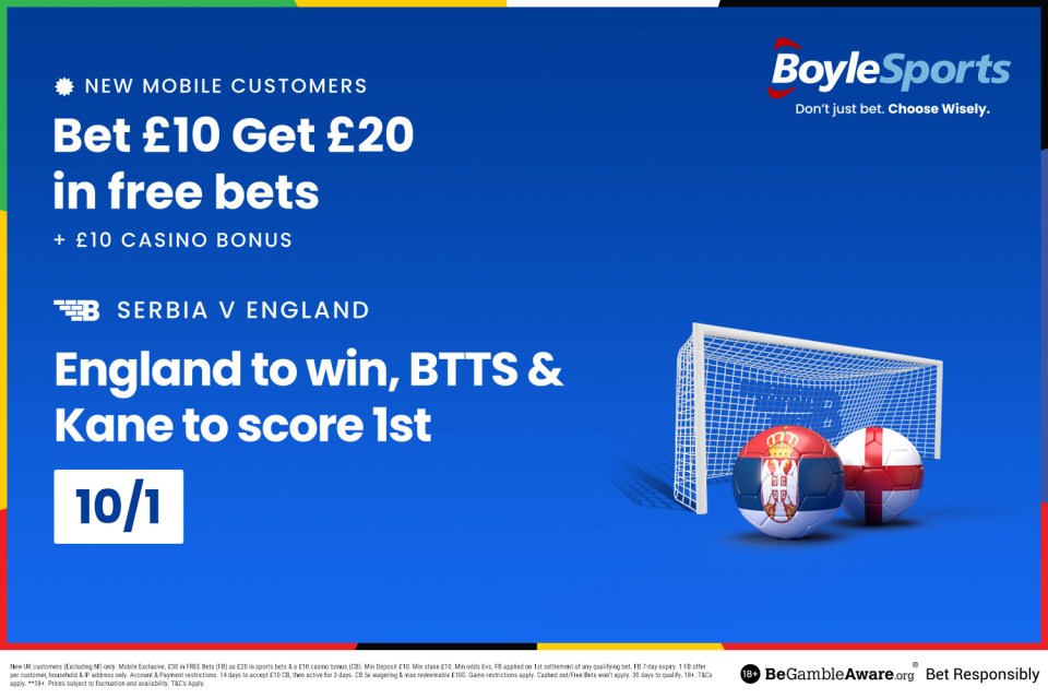 Serbia vs England: Get £20 in free bets and £10 casino bonus, plus Harry Kane price boost with BoyleSports