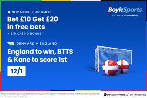 Denmark vs England: Get £20 in free bets and £10 casino bonus, plus Harry Kane price boost with BoyleSports