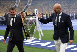 ‘Nervous’ Zinedine Zidane suffers embarrassing wardrobe malfunction as he brings out Champions League trophy at Wembley