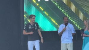 Lewis Hamilton squirms awkwardly as George Russell makes ‘Spanish girlfriends’ joke at his expense in F1 fan zone