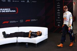 Max Verstappen grins as he walks in on Lewis Hamilton napping in press conference room after Brit’s first podium of 2024