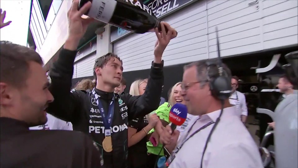 Watch moment George Russell pours champagne all over Sky Sports reporter and then refuses to give him an interview