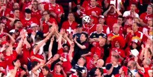 Watch as Switzerland supporter is smacked in face by ball but fans can’t get over Scot’s reaction in front of him