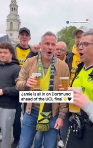 Watch Jamie Carragher get back on the beers with Dortmund fans for Champions League final after boozy semi-final antics