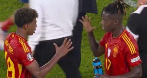 Watch brilliant moment Spain stars Lamine Yamal and Nico Williams play rock, paper, scissors ‘to decide who gets bottle’