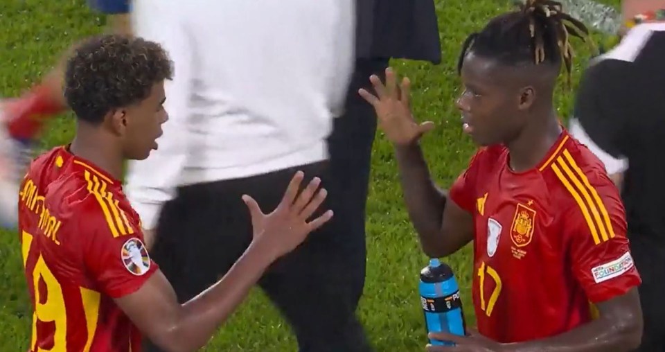 Watch brilliant moment Spain stars Lamine Yamal and Nico Williams play rock, paper, scissors ‘to decide who gets bottle’