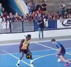 Humiliating moment Ballon d’Or favourite Vinicius Jr is sat down by teen in futsal leaving Real Madrid star on his bum