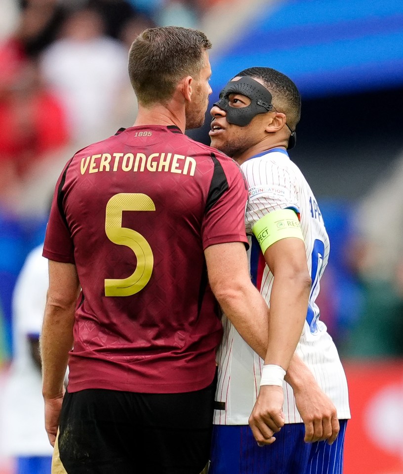 Moment furious masked Kylian Mbappe squares up to Jan Vertonghen during France’s Euro 2024 last-16 win against Belgium