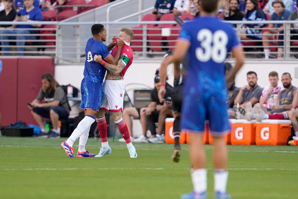 Chelsea and Wrexham stars clash in bust-up just minutes into pre-season draw as Colwill rages at ex-Premier League star