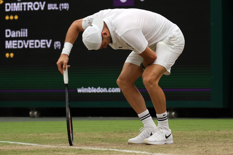 Grigor Dimitrov forced to retire after nasty fall as Daniil Medvedev advances to Wimbledon quarter-final against Sinner