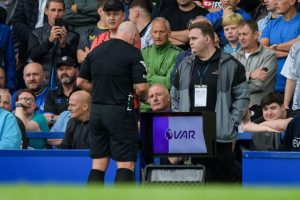 Fans baffled as VAR monitor seems completely BLANK as ref Simon Hooper overturns Everton’s ‘stonewall’ penalty