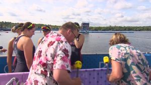 Matthew Pinsent interviews Team GB stars on his KNEES in bizarre moment at Paris Olympics