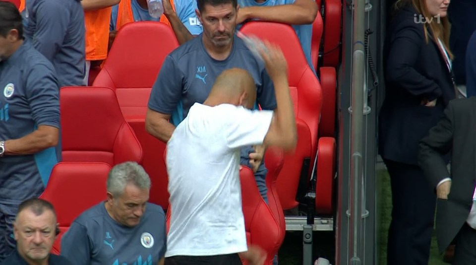 Pep Guardiola storms down the tunnel at half-time of Community Shield vs Man Utd after meltdown ‘over Ederson goalkick’