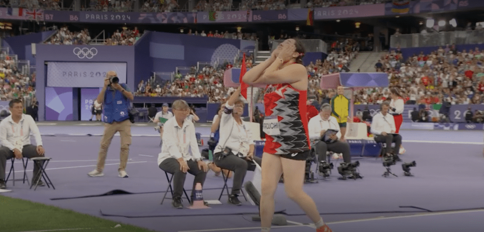 Moment jobsworth Olympics 2024 official shows red flag to gold medallist while she is overcome with emotion