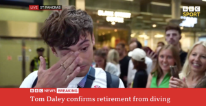 Tom Daley breaks down in tears as he retires live on BBC after returning home from Paris 2024 Olympics