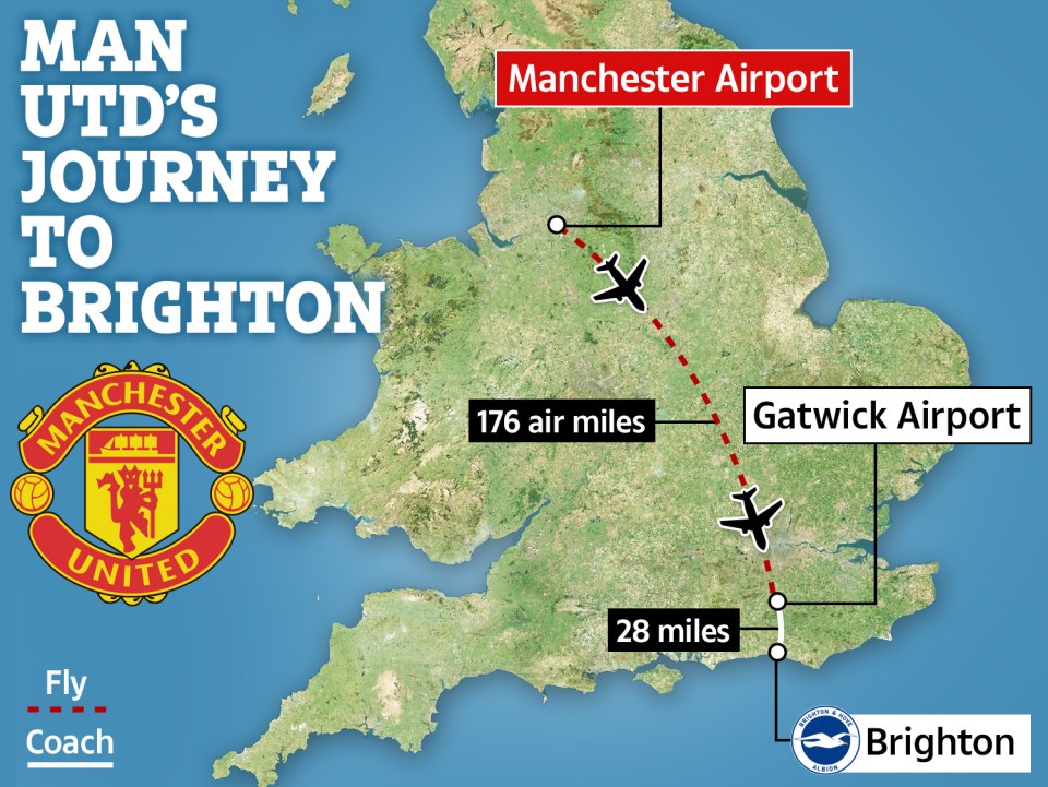 Man Utd squad including Fernandes and Maguire land at Gatwick after 176-MILE flight ahead of Prem clash vs Brighton