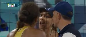 Amazing moment huge bust-up in women’s beach volleyball final defused by DJ who drops Imagine with even players laughing