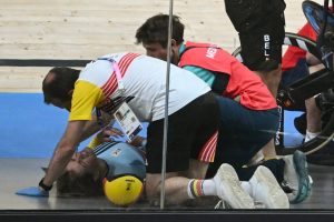 Terrifying moment cyclists collide at 40mph and slide down Olympics 2024 velodrome with pieces of bike flying everywhere