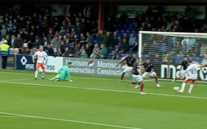 Moment Dundee United star’s shot from inside six yard box goes out of ENTIRE STADIUM as fans ask ‘how’s he done that?’