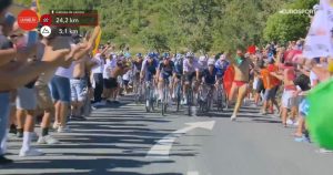 Half-naked fan slammed over ‘disgraceful’ act as cyclist is left raging at crowd in chaotic race