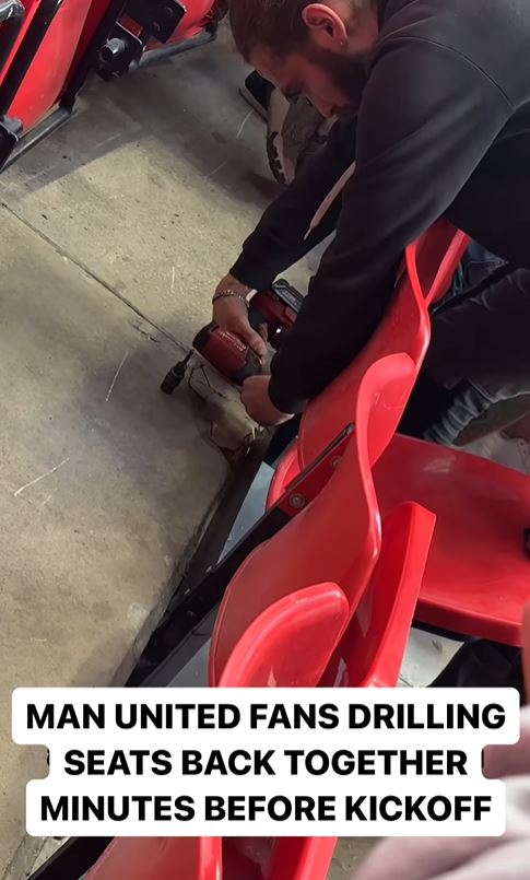 Watch moment worker DRILLS Old Trafford seat together minutes before Man Utd kick-off against Fulham