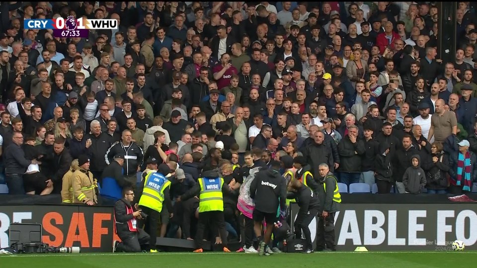 Ball boy leaves pitch in tears after advertising board falls on him during West Ham’s celebrations vs Crystal Palace